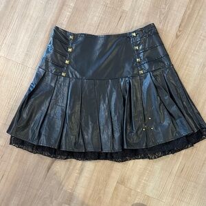 Black Faux Leather Skirt with Lace Trim & Gold Studs